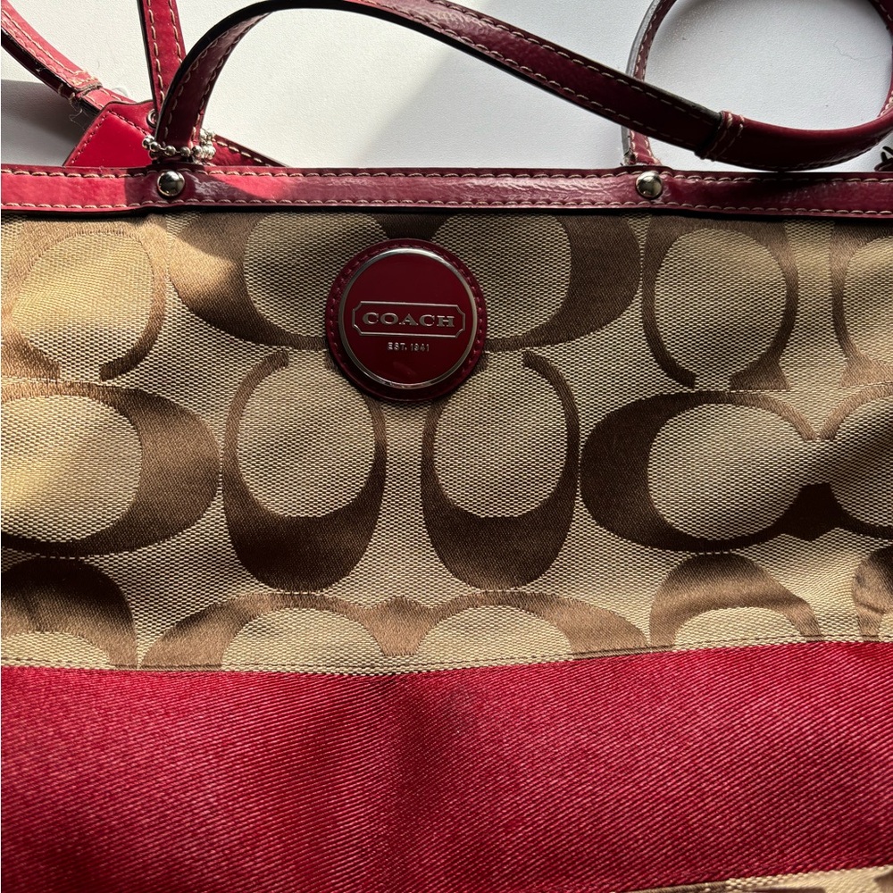 Coach Red and Brown Signature Tote